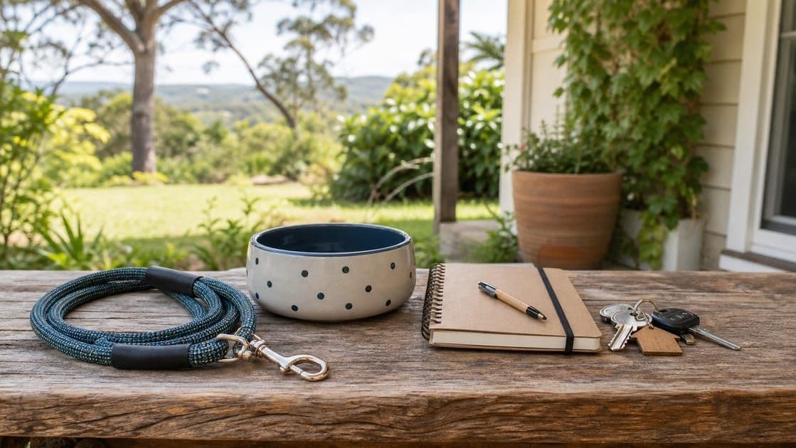 A dog lead, a spotted ceramic water bowl, a notebook and pen and a set of house keys laid out on a timber table, with an Australian garden and bushland behind