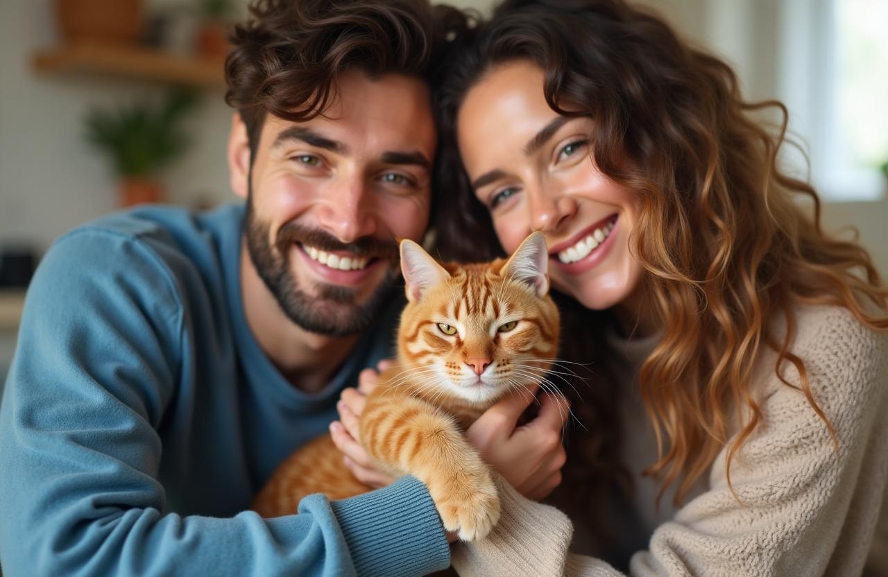 Happy couple with their orange tabby cat