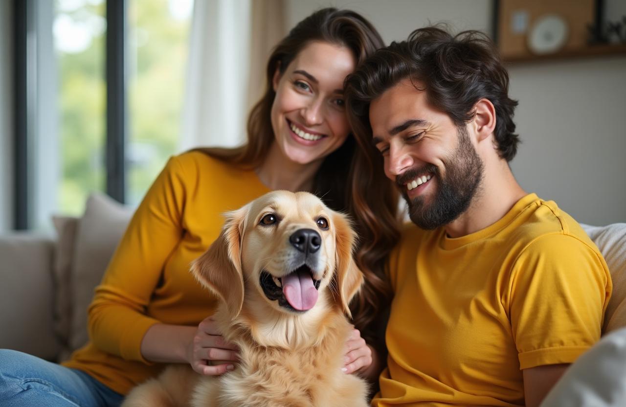 Young couple smiling with their golden retriever at home