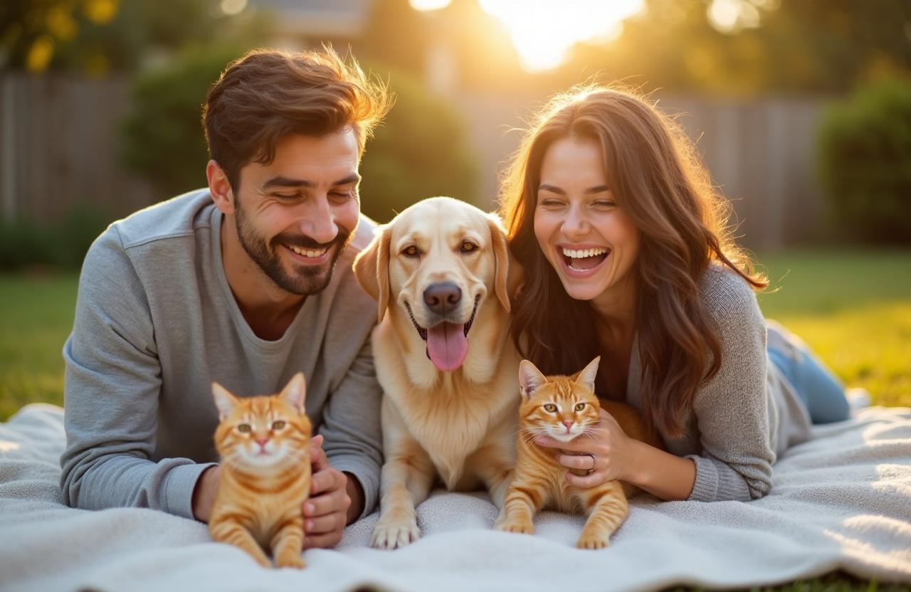 Happy young couple enjoying time with their dog and cats outdoors